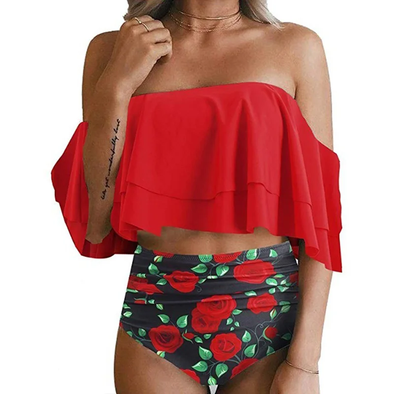 Сексуальное бикини в стиле ретро бандо с принтом рюшами открытыми плечами