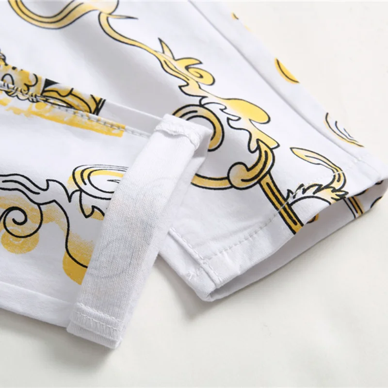 2021 New Fashion Yellow Flowers Print Stylish Men Slim Jeans Trousers Hip Hop Denim Pencil Pants For Nightclub Pantalones Hombre