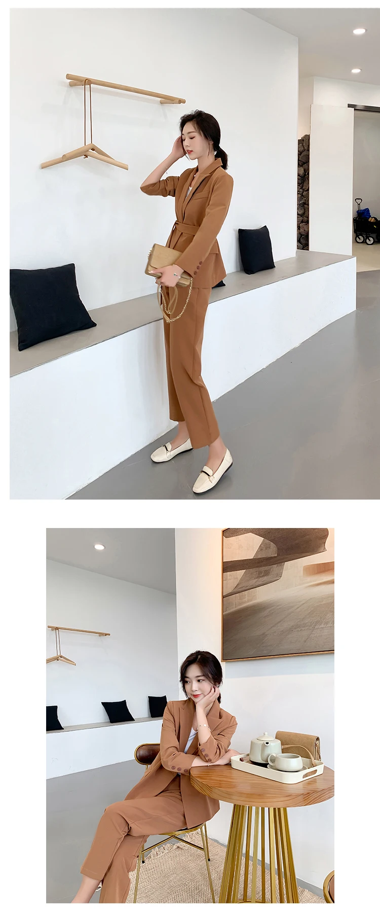 New Arrival Women Notched Long Sleeve Blazer With Belt Straight Long Pants 2 Piece Set Female Caramel Casual Pants Suit S98302F