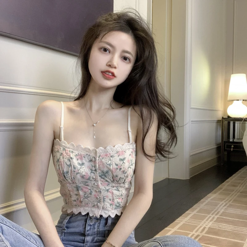 

French Vintage Print Halter Tops Women Elegant Designer Chic Single-breasted Floral Corset tank top Sexy Party Club Ladies Top