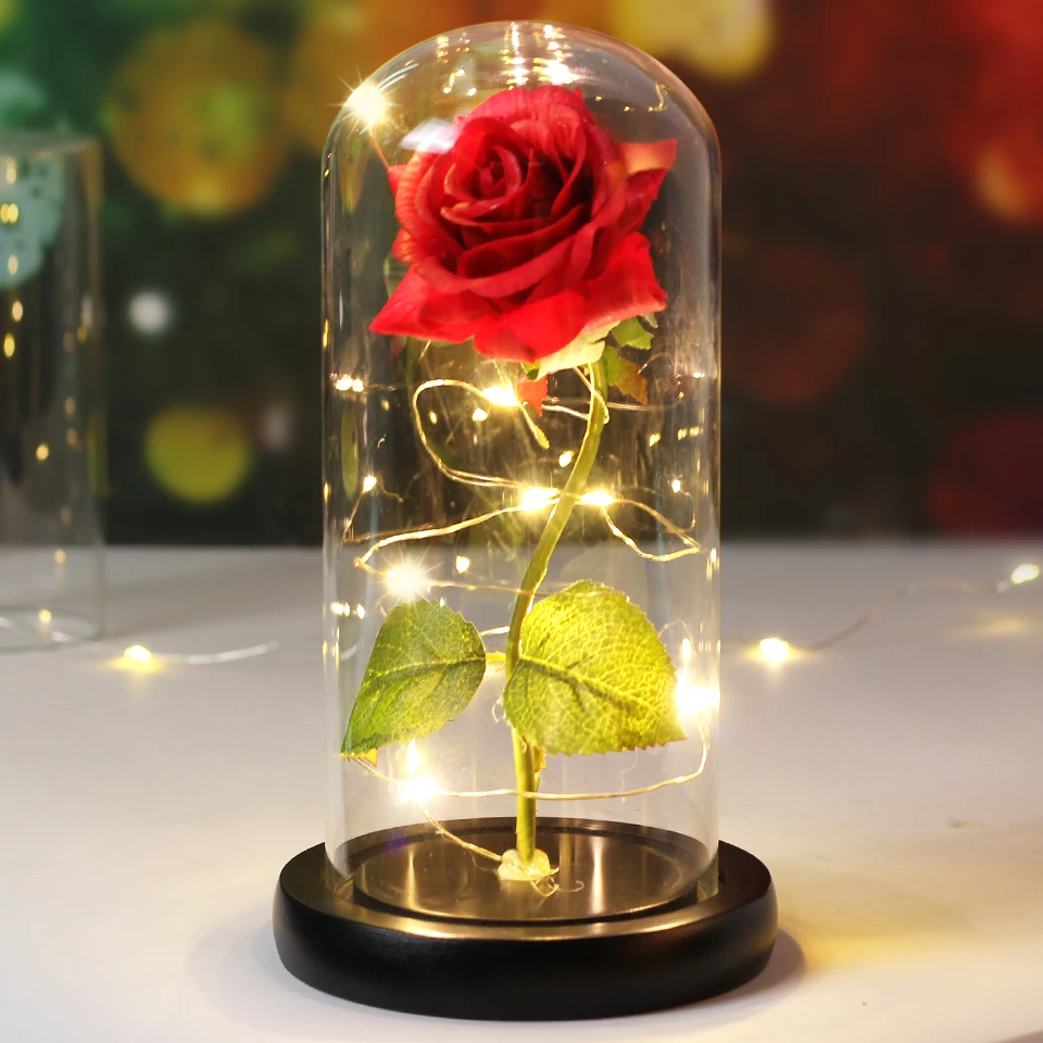 

Зачарованная Красавица и чудовище, роза, цветок с черной основой, светильник ка в стеклянном куполе, подарок на день Святого Валентина, Рожд...