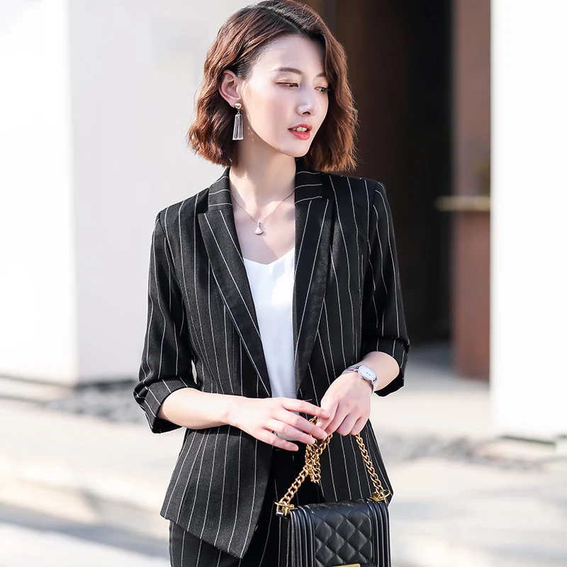 Офисный женский черный полосатый блейзер для женщин деловые костюмы с брюками и