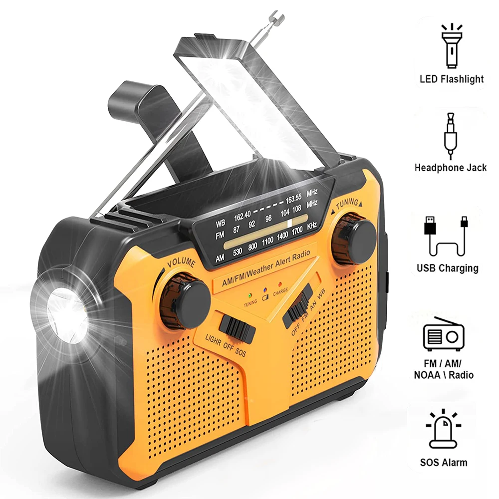

Портативное аварийное погодное радио NOAA с ручным управлением, оповещением о погоде на солнечной батарее, радио NOAA AM FM светодиодный ными фон...