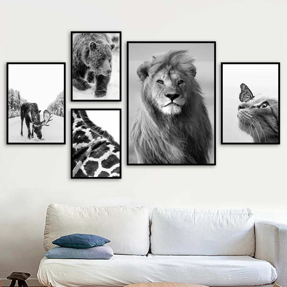 Черно белый Жираф медведь Лев Кот олень настенная Картина на холсте