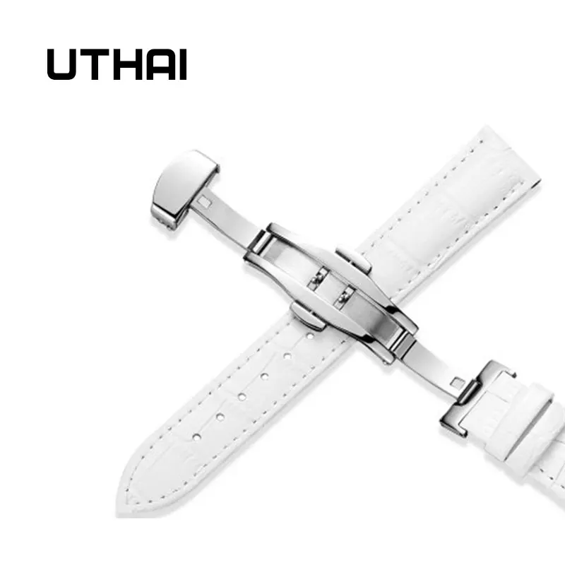 Белый UTHAI Z09 Ремешки для наручных часов из натуральной кожи 12-24 мм Универсальные часы с бабочкой и пряжкой стальной ремешок с пряжкой браслет+ инструмент - Цвет ремешка: Белый