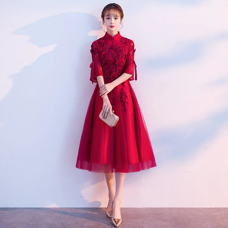 lace Applique Design Qipao Chinese Style Wedding Dress Cheongsam Evening Dress Polyester Formal Dress For Pregnant Woman ZL635