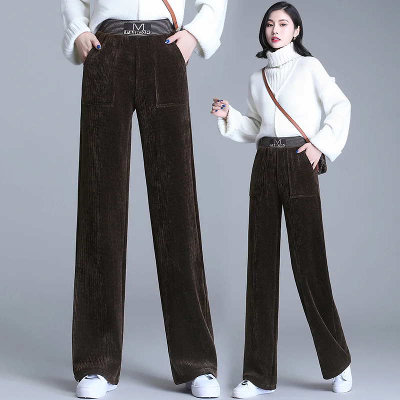 

Corduroy Wide Leg Pants Womens Autumn Winter 2020 New Fashion High Waist Drooping Feeling Slim Plush Thicken Warm Straight Pants