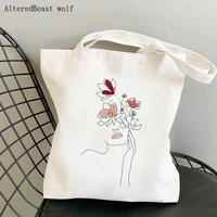 women shopper bag abstract line art woman with flowers tote bag bag harajuku shopping bag girl handbag tote shoulder lady bag