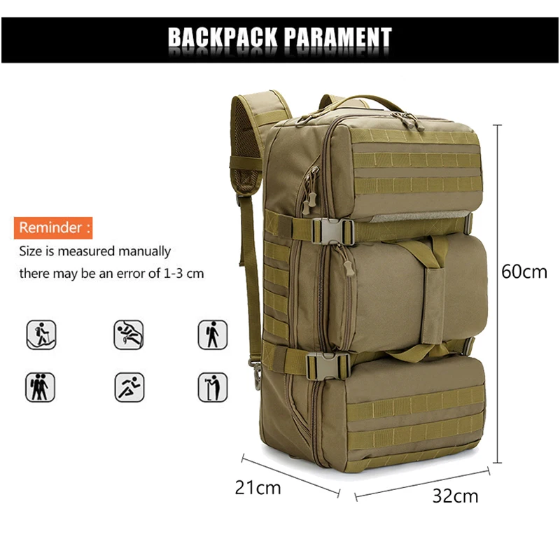 

NANCY TINO 65L Tactical Military Outdoor Shoulders Package Waterproof Nylon Backpack Trekking Climbing Men's Travelling Bag