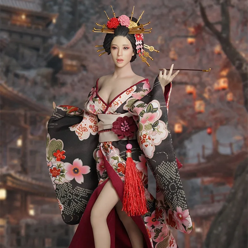 

1/6 Japanese Ancient Female Head Sculpt black Costume cherry Kimono Clothes Accessories Set for S12D TBL body figure