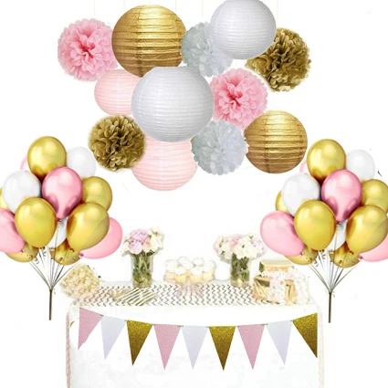 

1 Set Hanging Decoration Gold Pink White Party Tissue Pom Poms Paper Lantern Glitter Banner Baby Shower Birthday Wedding Favor