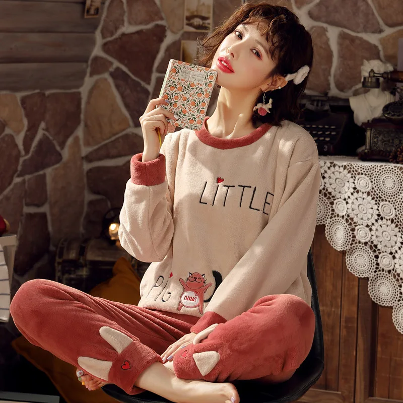 

Pajamas Women Winter Flannel Long-sleeve Thickening Plus Velvet Coral Fleece Cute Home Service Suit Women pijamas pyjamas 2pcs