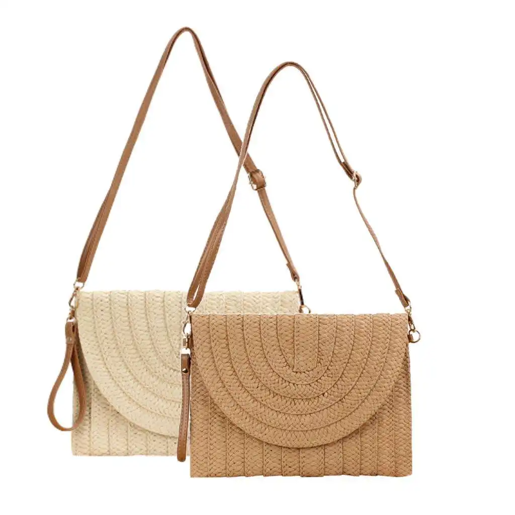 

Womens Boho Straw Shoulder Bag Clutch Beach Woven Bag Purse Leather Handle