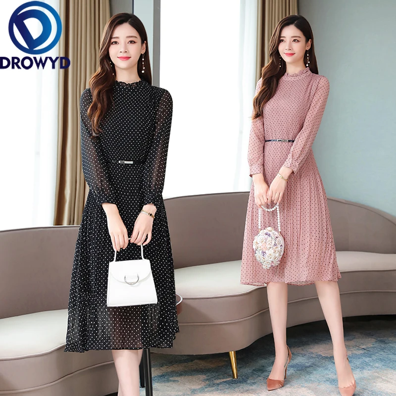 Осеннее платье миди в горошек для женщин повседневное Плиссированное розовое