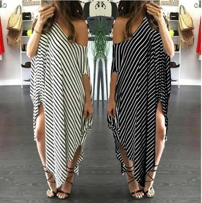 

2019 Europe and the United States new irregular stripe off-the-shoulder sexy dress
