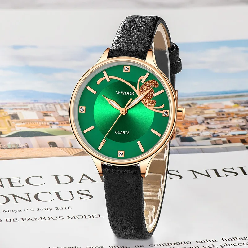 WWOOR 2022 New Designer Women Watches Top Brand Luxury Diamond Ladies Dress Watch Women Fashion Green Female Leather Reloj Mujer
