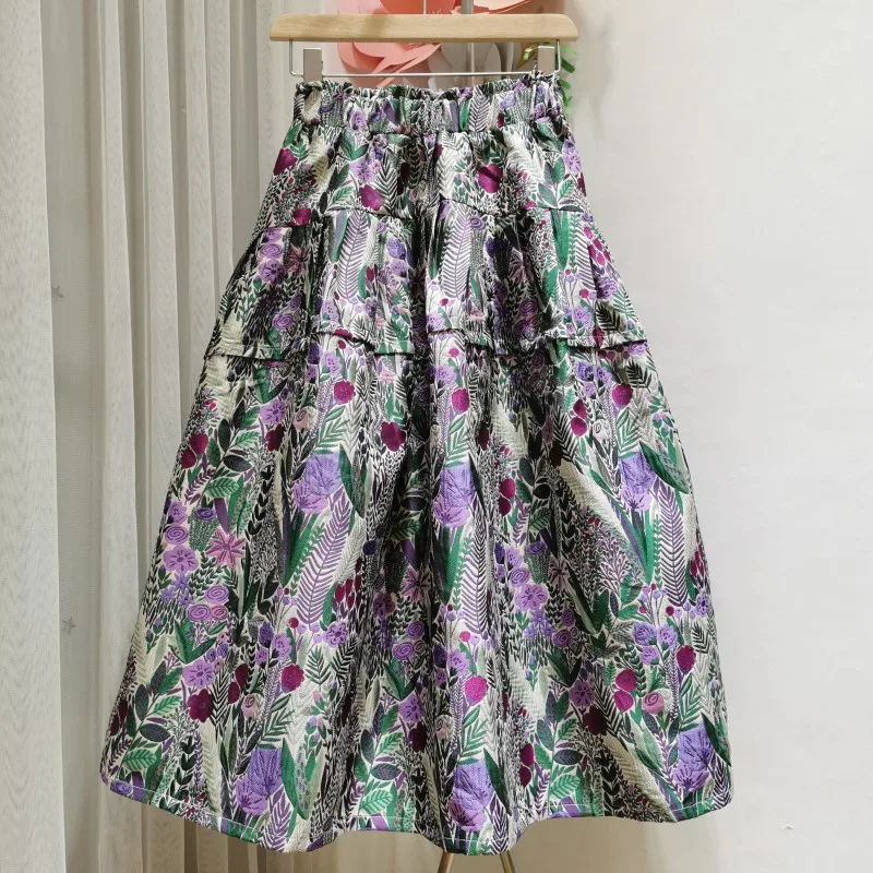 

2021 Spring Retro Bohemian Pleated Tutu Skirt High Waist Jacquard Large Skirt Mid-length A-line Flower Bud Skirt