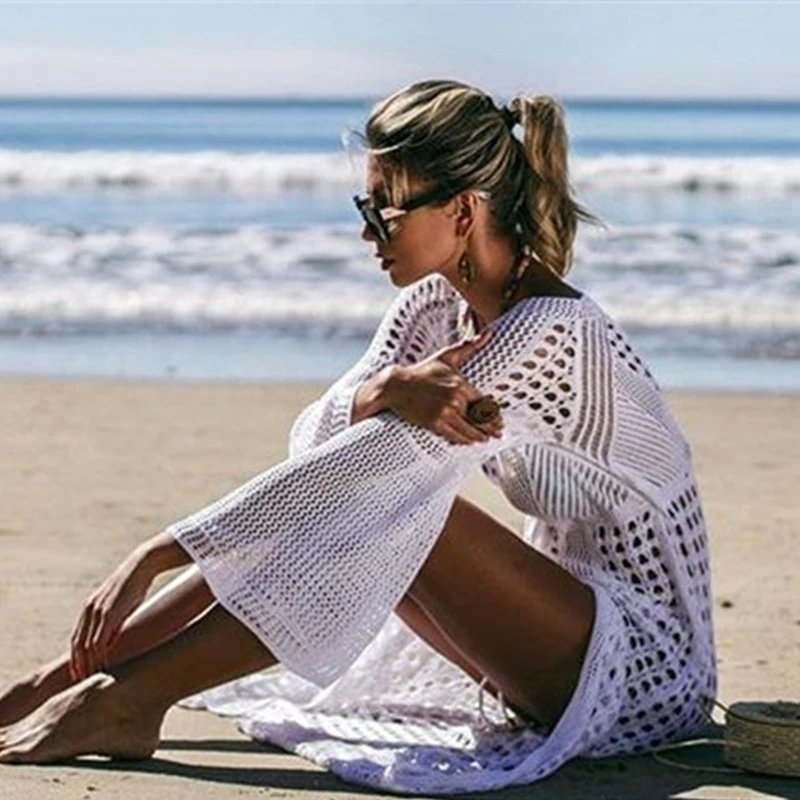 Женская Пляжная накидка QUEVOON белый открытый купальник с расклешенными рукавами и