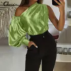 Блузка Celmia Женская атласная на одно плечо, повседневный Модный глянцевый топ с рукавами-фонариками, асимметричная уличная одежда, 2022