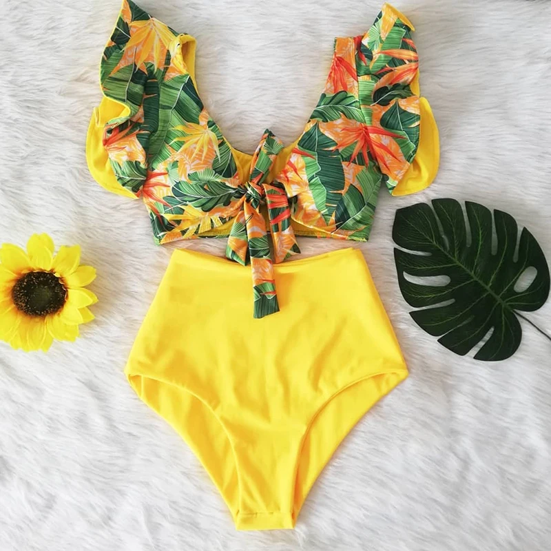 

Floral Ruffled Hem Bikini Set Women Flora V-Neck High-Waisted Two Piece Swimsuit 2021 Girl Beach Bathing Suit Swimwear Biquinis