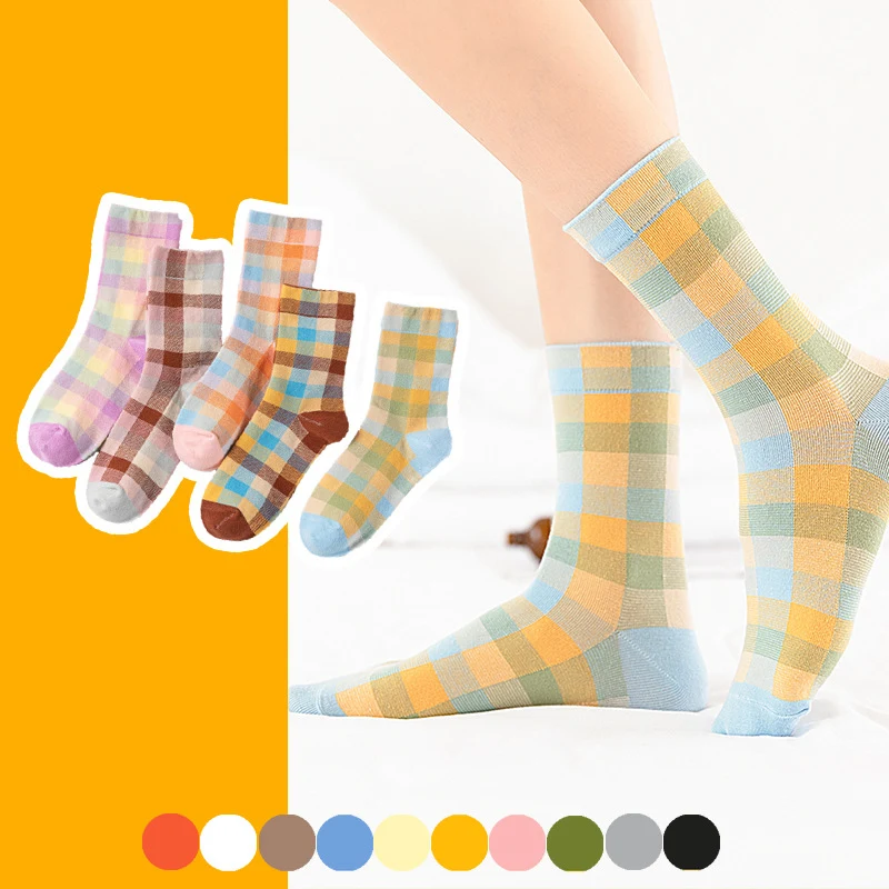 

Brown Crew Street Fashion Block Socks Gradient Gradual Change Mosaic Lattice Checked Medium Tube Mesh Red Women Autumn Art Ins