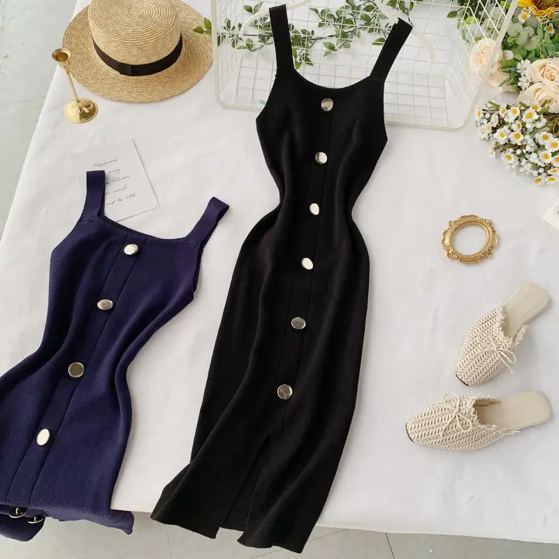 

202 1 Year New Summer Solid Color Monochromatic Ladies Knitting Retro High Waist Single Breasted Slim Casual Dress Women
