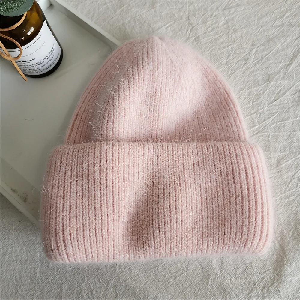 

New High Quality Winter Hats for Women Warm Rabbit Fur Hair Female Caps Fashion Solid Colors Wide Skullie Beanies Vacation Hat