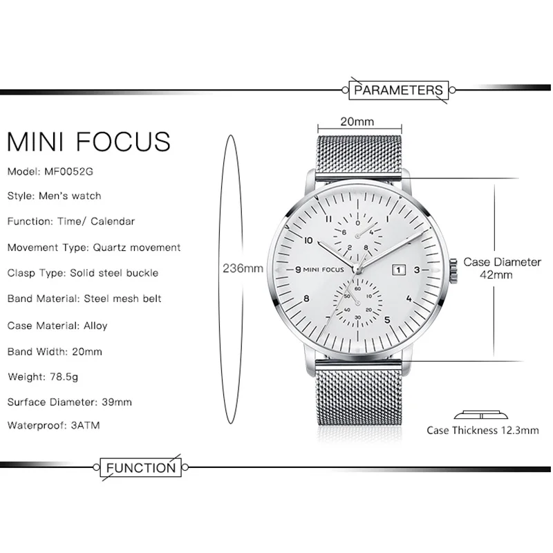 Часы наручные мужские MINI FOCUS s брендовые Роскошные Серебристые Кварцевые