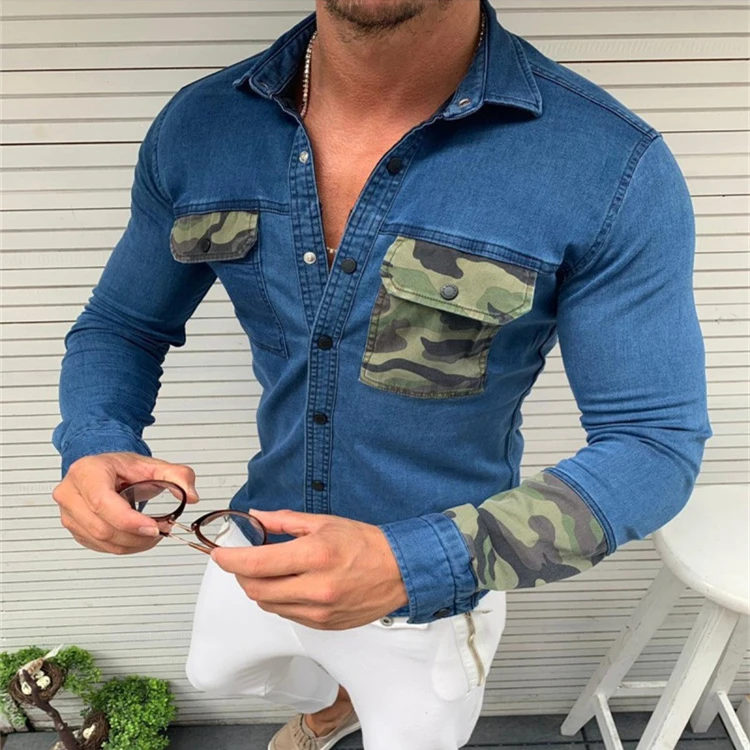 

Mens Slim Fit Denim Shirts Male Casual Camouflage Patchwork Blouses Long SleeveTops Jean T-Shirts Streetwear Camisa Masculina