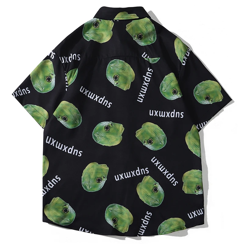 Harajuku Hawaii Shirt Hip Hop Streetwear Funny Ugly Fish Head Print Beach Shirt Men Summer Short Sleeve Casual Fashion Clothing