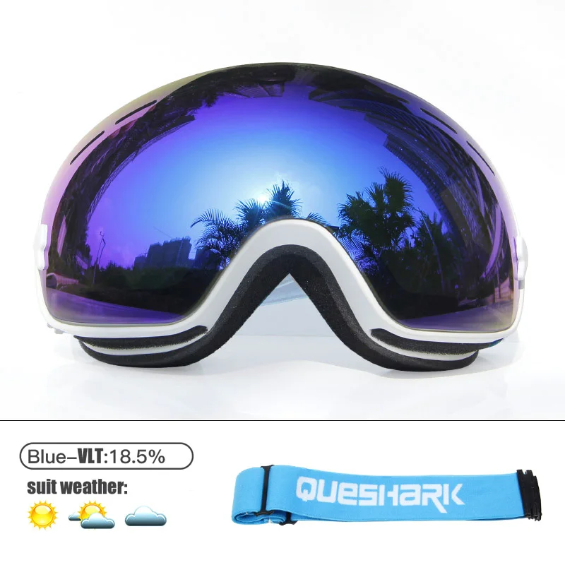 White Blue Queshark лыжные очки двухслойные UV400 Анти-туман большие Лыжные маски очки для катания на лыжах мужчины женщины снег сноуборд очки - Цвет: White Blue