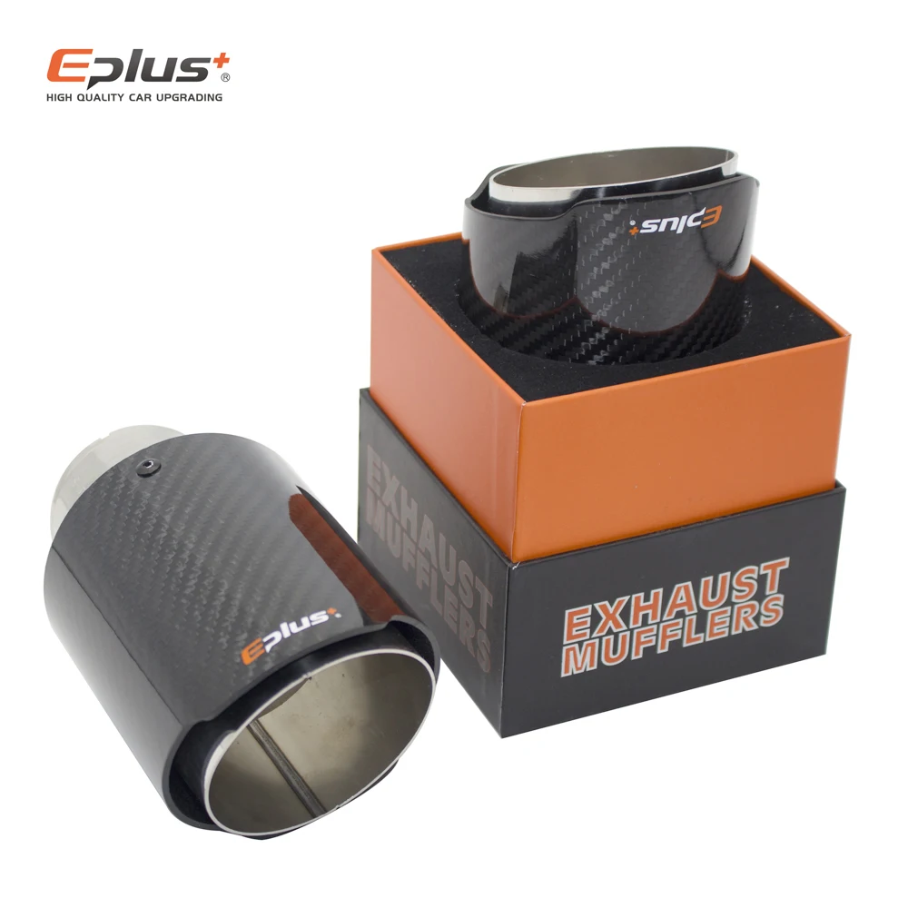 EPLUS-silenciador de fibra de carbono brillante para coche, punta de tubo de escape, boquilla Universal recta, Plata inoxidable, para Akrapovic