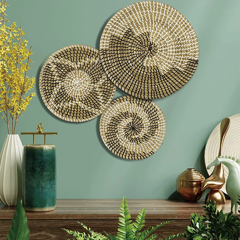 

Round Woven Basket Desktop Storage Tool Creative Wall Hanging Decoration for Bedroom Kitchen Living Room