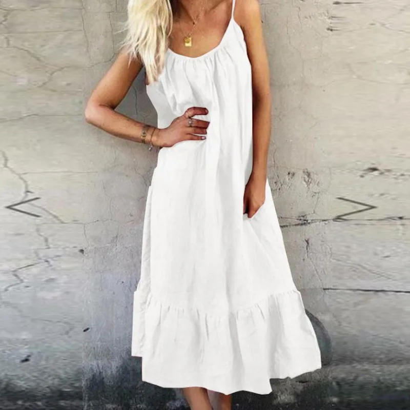 

Elegant Ruffled O-Neck Sling Beach Dresses Women 2021 Summer Casual Solid Cotton Linen Dress Ladies Fashion Off Shoulder Dress
