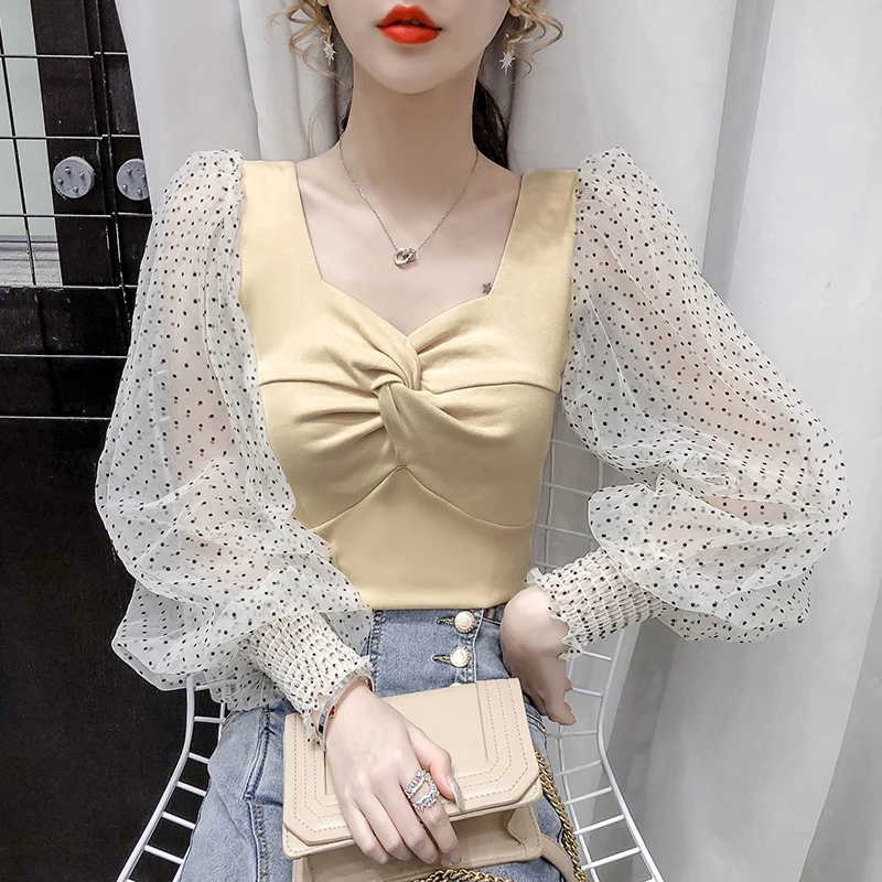 

Transparent White Shirt Female Women Mesh Sheer Blouse Low Cutout Lantern Long Sleeve Dots Blouse Open Back Twist Front Blusas