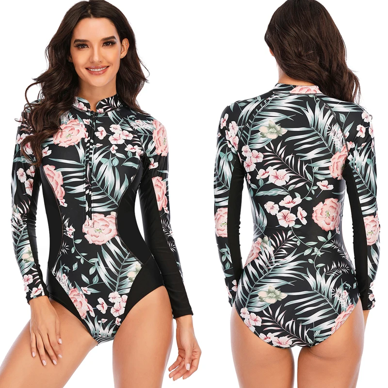 

Sexy 2022 One Piece Swimsuit Long Sleeve Swimwear Women Print Floral Bathing Surfing Retro Swim Suits Maillot De Bain Monokini