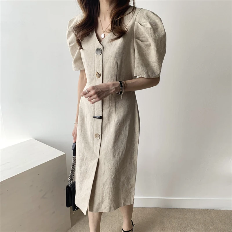 Женское хлопковое и льняное платье BGTEEVER летнее однобортное с пышными рукавами