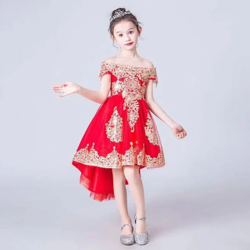 

Red Children Girls Shoulderless Embroidery Lace Flowers Birthday Wedding Party evening Tail Dress Teens KidPiano Model Show Gown