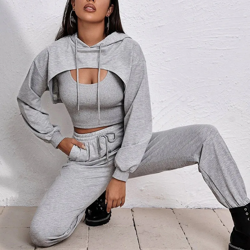 

Women 3 Piece Joggers Tracksuit Solid Sport Causal Long Sleeve Crop Hooded Top And Camis And Pants Female Sportswear Set Autumn