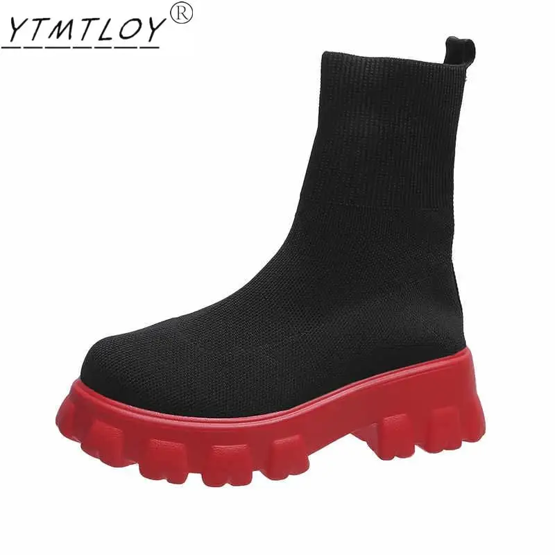 

Autumn New Socks Shoes Women's Stretch Fabric Mid-calf Casual Thick-soled Boots Net Red Knitted Women's Plus Size Short Boots