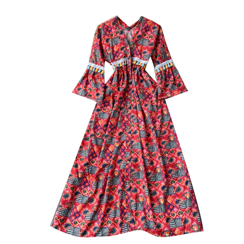 

Women Retro Print Dress V Neck Long Sleeve Single Breasted A-line Dresses Spring Bohemian Casual Vacation Long Dress