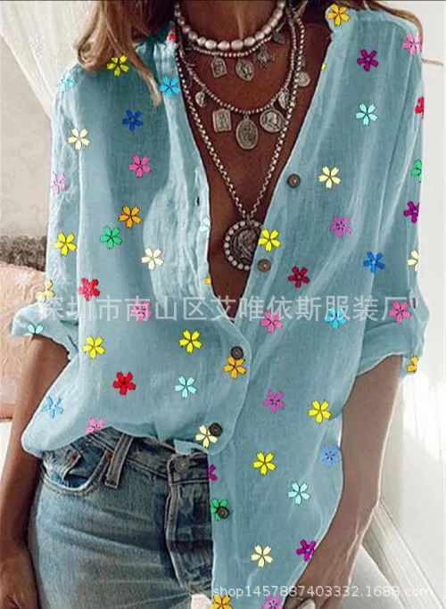 

Large size loose women blouses 2021 summer ladies shirts tops V-neck long-sleeved printed women blouses 5xl