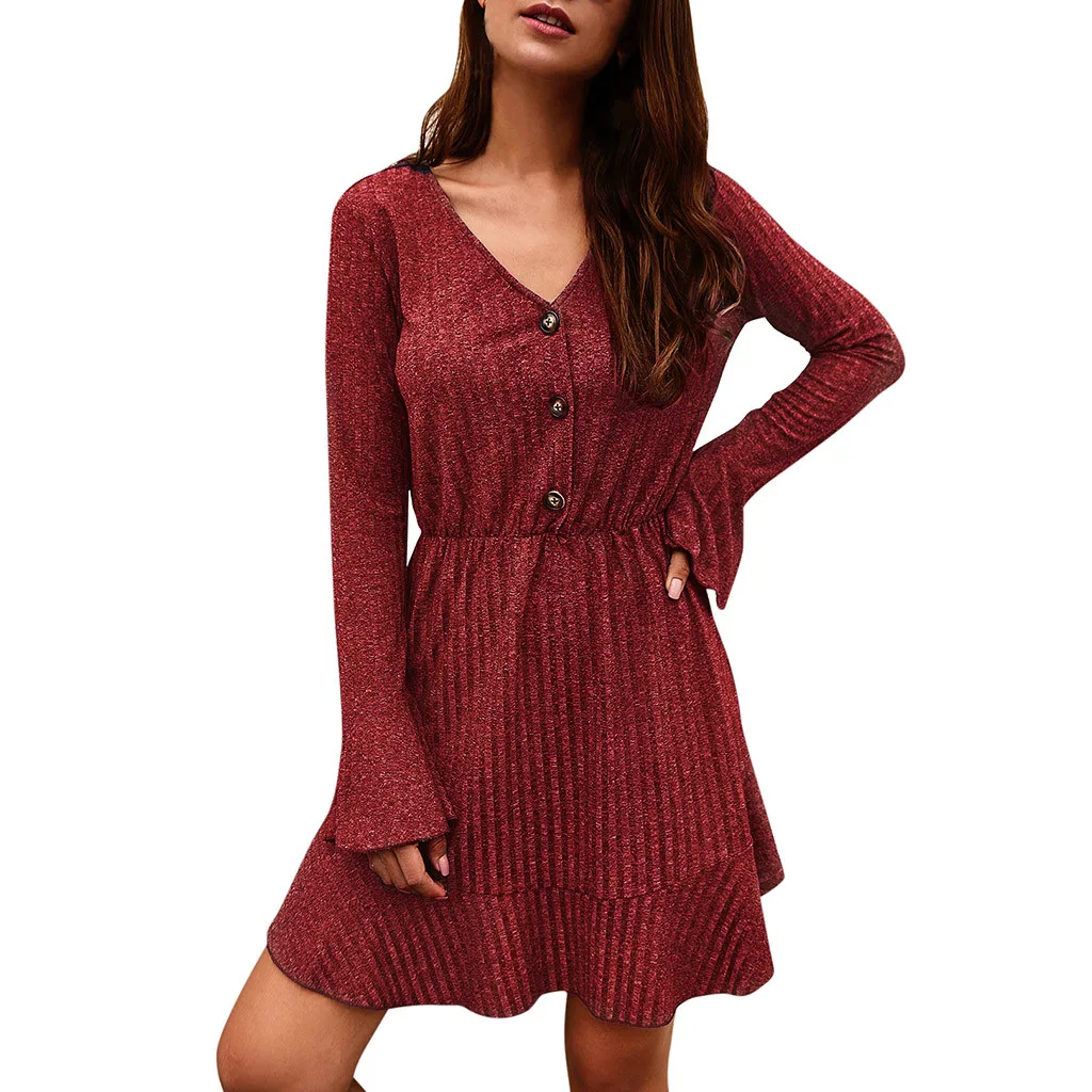 Вязаное платье для женщин Осеннее модное повседневное женское с v образным