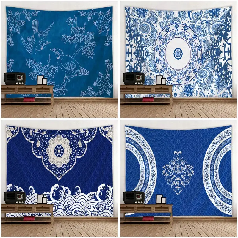 Китайский темно-синий цветок гобелен с пейзажем гостиная кровать комната мульти