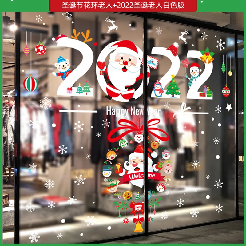 

2022 Christmas Window Stickers Vinyl DIY Santa Claus Wreath Wall Decals for Living Room Glass New Year Winter Home Decoration