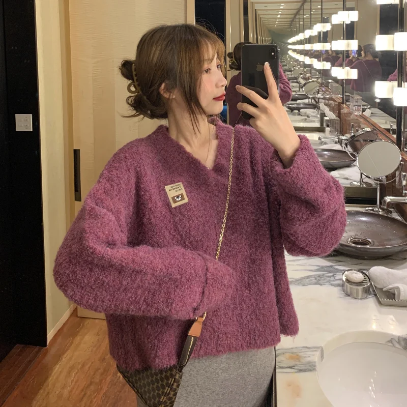 

2021 new autumn and winter women's solid color long-sleeved loose-fitting long-sleeved v-neck sweater