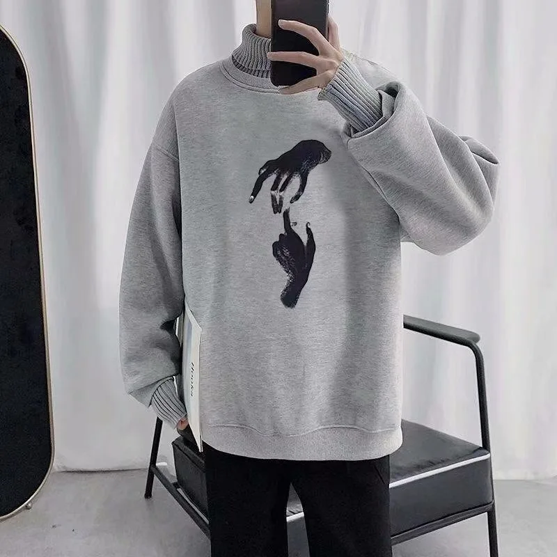 

KOSAHIKI Spring Turtleneck Fleece Women Men Hoodies Loose Japanese Print Sweatshirts Casual Fake Two Piece Patchwork Pullovers