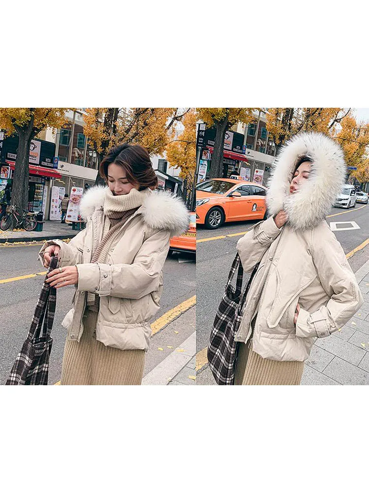 Женская куртка на 90% белом утином пуху теплая свободная парка с большим капюшоном