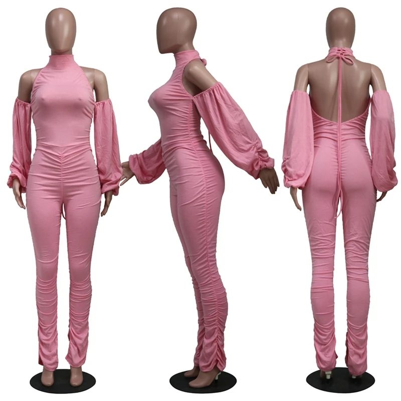 

Spring autumn Clothing Jumpsuit Women Halter Shirring puff sleeve Backless One Piece Club Outfit Streetwear Wholesale Items