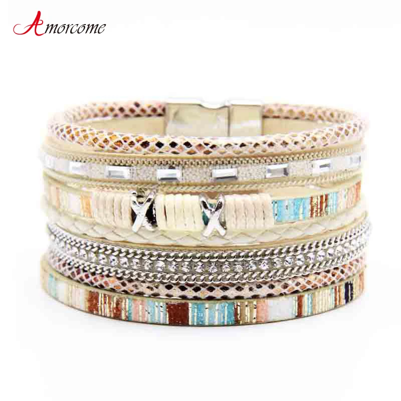 Amorcome 2021 Boho обматывающиеся браслеты для женщин кожаный шнуровой ручная работа